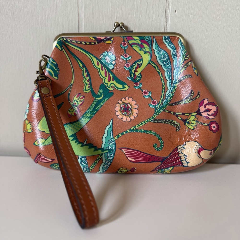 Patricia Nash VTG BIRDS OF PARADISE Colorful Leather Wristlet Clutch Kisslock